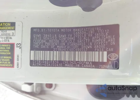 2013 Toyota Corolla Le из США, поврежденный, VIN 2T1BU4EE4DC990557